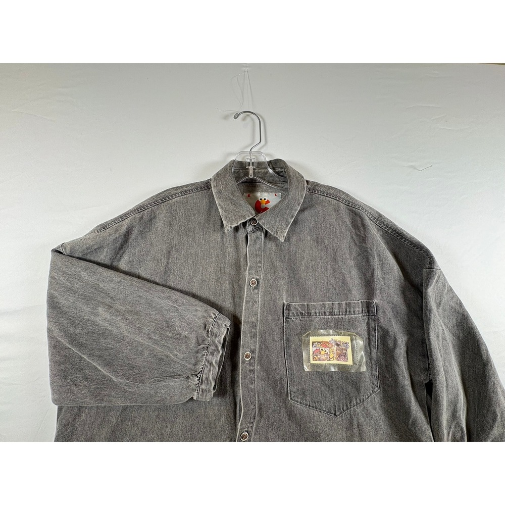 Sesame Street Grey Denim Button Down Shirt Elmo Graphic Patch Oversized L